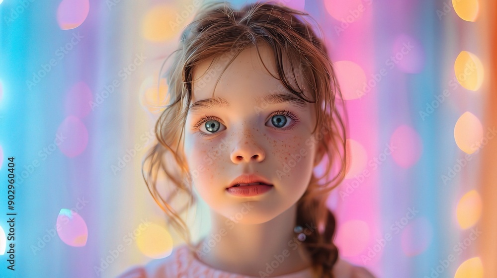 Innocence in the Light: A young girl with captivating blue eyes and auburn curls gazes directly at the camera, framed by a colorful, bokeh background Innocence in the Light: A young girl with captivating blue eyes and auburn curls gazes directly at the camera, framed by a colorful, bokeh background