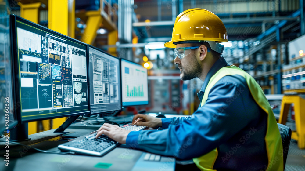 Engineer operates control room monitors in industrial facility during daytime shift. Generative AI. Engineer operates control room monitors in industrial facility during daytime shift. Generative AI.
