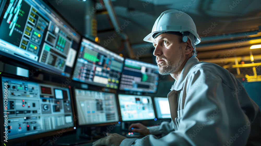 Engineer operates control room monitors in industrial facility during daytime shift. Generative AI. Engineer operates control room monitors in industrial facility during daytime shift. Generative AI.