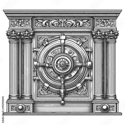 intricate vintage safe, showcasing detailed craftsmanship and ornate design elements sketch engraving generative ai vector illustration. Scratch board imitation. Black and white image.
