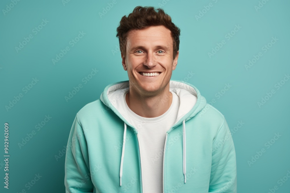 Portrait of a satisfied man in his 30s wearing a zip-up fleece hoodie over pastel teal background Portrait of a satisfied man in his 30s wearing a zip-up fleece hoodie over pastel teal background