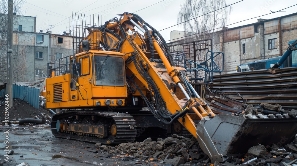 A refurbished construction machine being tested in the yard A refurbished construction machine being tested in the yard