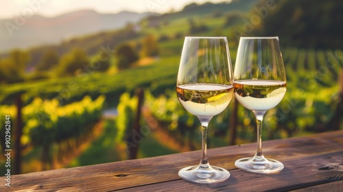 Elegant scene of two glasses of wine on a rustic wooden table, with a lush vineyard in the background, creating a sophisticated and relaxing setting.