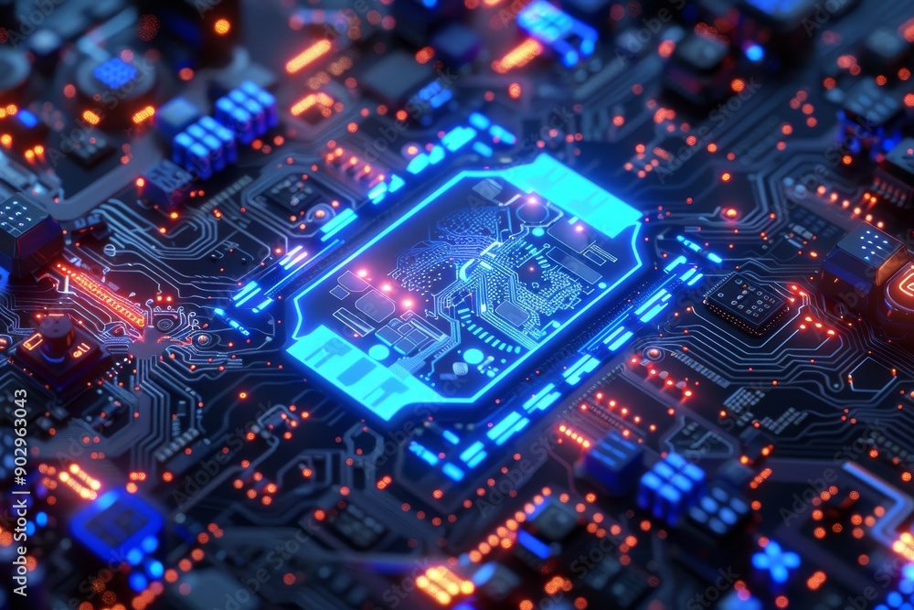 Digital brain with blue and orange circuitry showcasing advanced technology and innovation. Digital brain with blue and orange circuitry showcasing advanced technology and innovation.