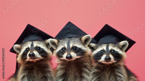 Raccoons in black graduation hats, Smart raccoons university students on a uniform colored background
