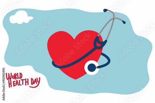 Ilustrasi Warna-warni Merayakan Hari Kesehatan Sedunia dengan Jantung dan Stetoskop