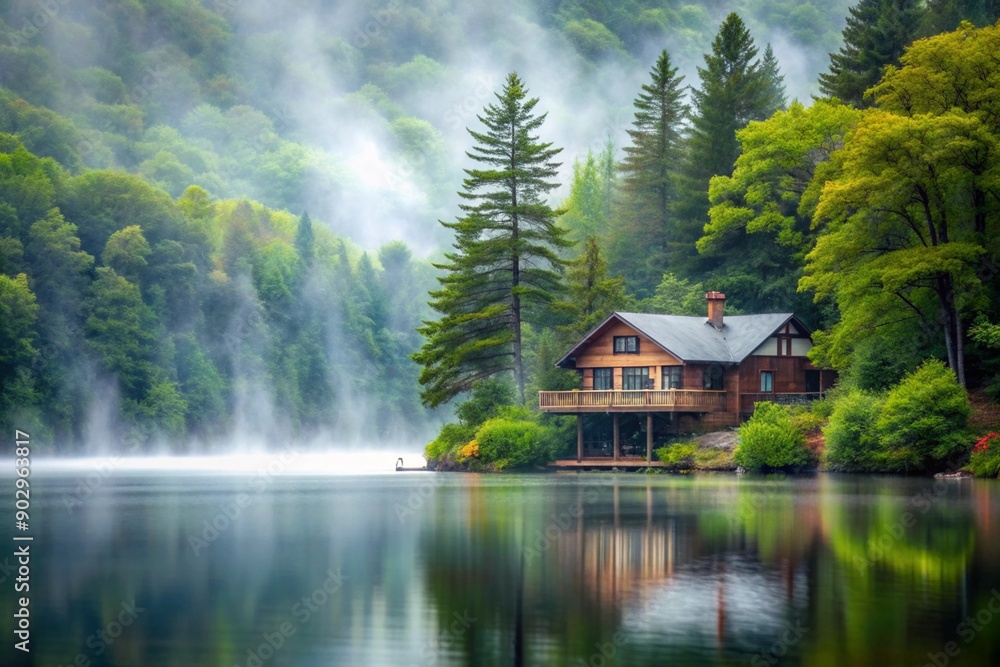 Fototapeta premium House on the lake in rainy day