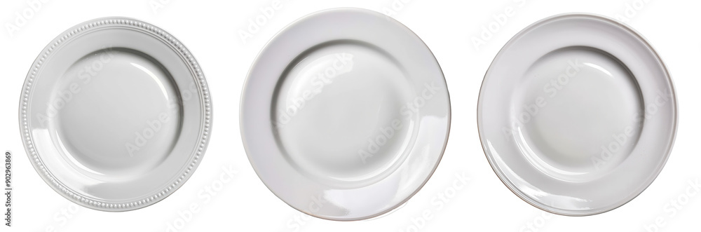 White Plates Set, Three clean plates with different rims, Tableware Collection on a transparent background. White Plates Set, Three clean plates with different rims, Tableware Collection on a transparent background.