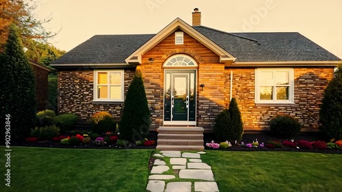 Zooming exterior of country detached cottage in suburb entrance door and nice lawn.