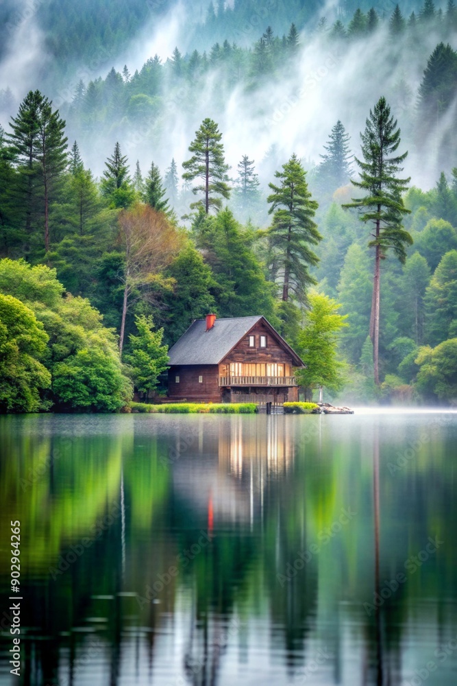 Fototapeta premium House on the lake in rainy day