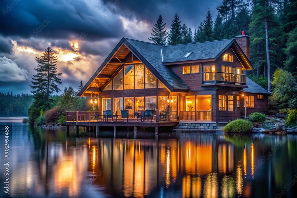 Fototapeta premium House on the lake in rainy day