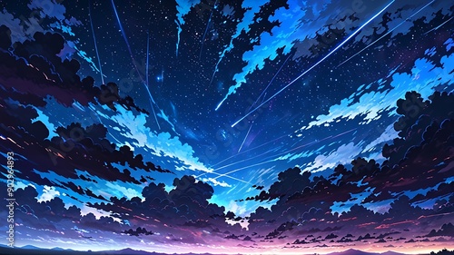 A meteor shower streaks across a vibrant, anime styled night sky, illuminating the clouds below.