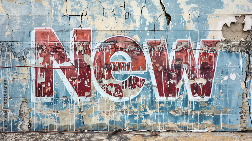 Fototapeta premium Old and weathered concrete wall showing a faded advertising slogan with the word now still visible