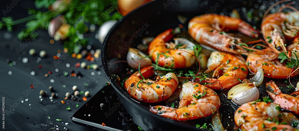 Roasted shrimp tails are cooked with onions garlic and herbs on a black stove creating a delicious seafood dish with a selective focus on a copy space image Roasted shrimp tails are cooked with onions garlic and herbs on a black stove creating a delicious seafood dish with a selective focus on a copy space image