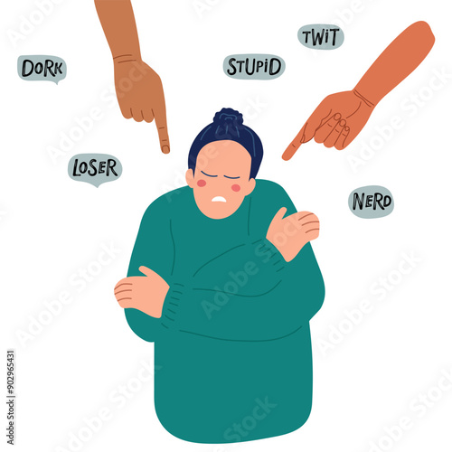 Bullying. Suffering woman. Hands point at sad woman. Rudeness, insults, bad words, hate, expletives. Handwritten inscription sings. Psychological or social problems. Bullying or harassment. 