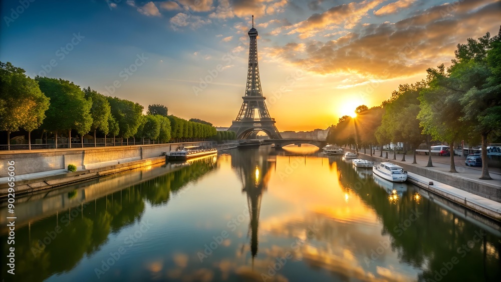Obraz premium Golden Hour Reflections: A Parisian Silhouette AI generated
