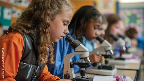 diverse students in vibrant classroom conducting science experiments with microscopes, showcasing curiosity and excitement in scientific exploration