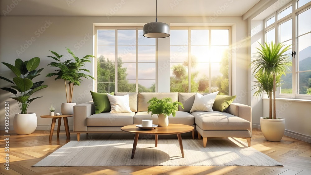 A Serene Minimalist Oasis: A Modern Living Room with a Touch of Nature Generative AI A Serene Minimalist Oasis: A Modern Living Room with a Touch of Nature Generative AI