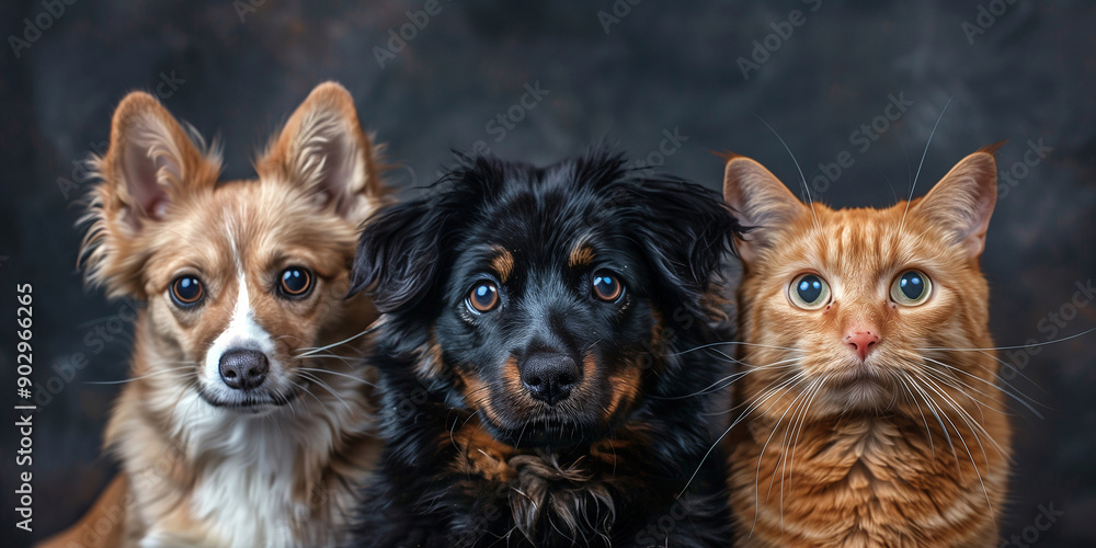 Group of Three Pets: Cat, Dog, and Kitten Looking Curious Indoors. Group of Three Pets: Cat, Dog, and Kitten Looking Curious Indoors.