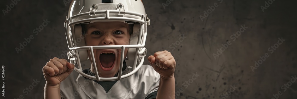 Young child celebrates winning a game wearing an oversized American football helmet and white jersey, arms raised in victory on a textured gray wall background. Young child celebrates winning a game wearing an oversized American football helmet and white jersey, arms raised in victory on a textured gray wall background.