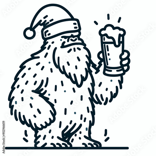  Bigfoot wearing a santa hat hold a beer glass wear santa claus hat tangled wrap around with Christmas lights in christmas party vector svg clipart  