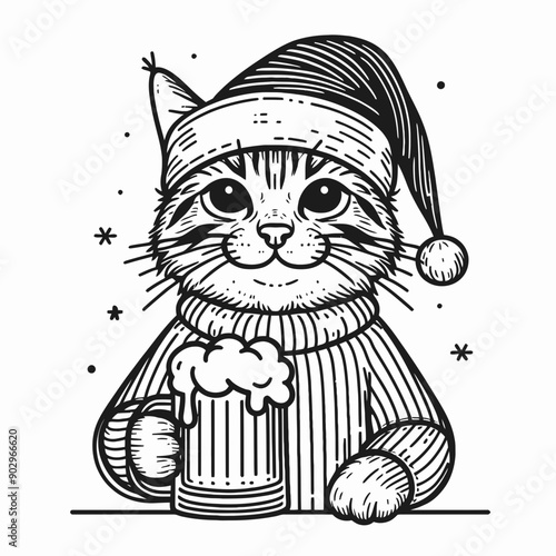  Bengal Cat wearing a santa hat  hold a glass of beer mug wear santa claus hat tangled wrap around with Christmas lights in christmas party vector svg clipart  