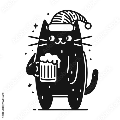  Black Cat wearing a santa hat hold a glass of beer mug wear santa claus hat tangled wrap around with Christmas lights in christmas party   vector svg clipart