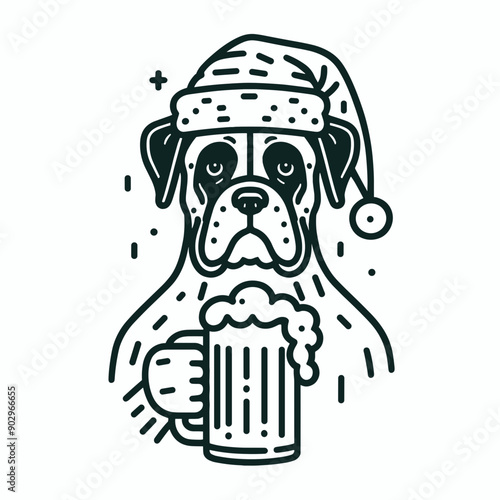  Boxer Dog wearing a santa hat hold a glass of beer mug wear santa claus hat tangled wrap around with Christmas lights in christmas party   vector svg clipart