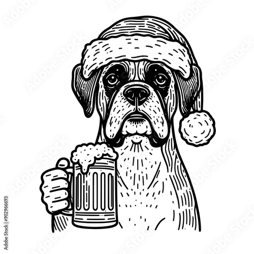  Boxer Dog wearing a santa hat hold a glass of beer mug wear santa claus hat tangled wrap around with Christmas lights in christmas party  vector svg clipart 