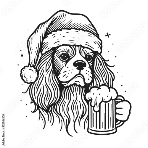  Cavalier King Charles Spaniel Dog wearing a santa hat hold a glass of beer mug wear santa claus hat tangled wrap around with Christmas lights in christmas party  vector svg clipart 