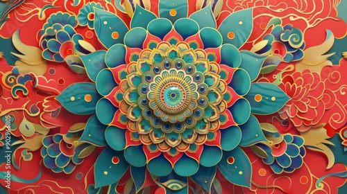 A vibrant, multilayered paper art piece featuring a floral mandala design photo