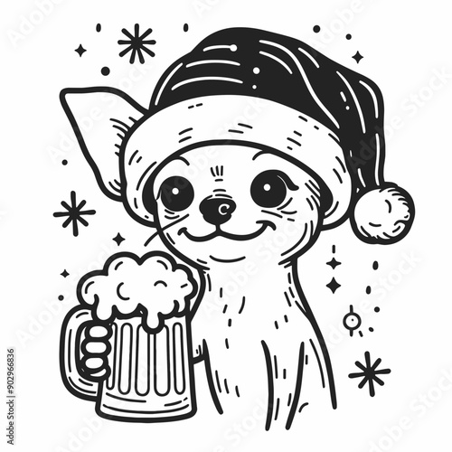  Chihuahua Dog wearing a santa hat hold a glass of beer mug wear santa claus hat tangled wrap around with Christmas lights in christmas party vector svg clipart  