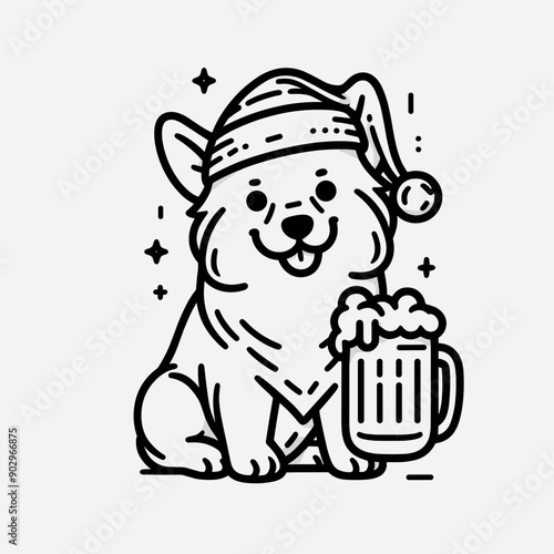  Corgi Dog wearing a santa hat hold a glass of beer mug wear santa claus hat tangled wrap around with Christmas lights in christmas party vector svg clipart  