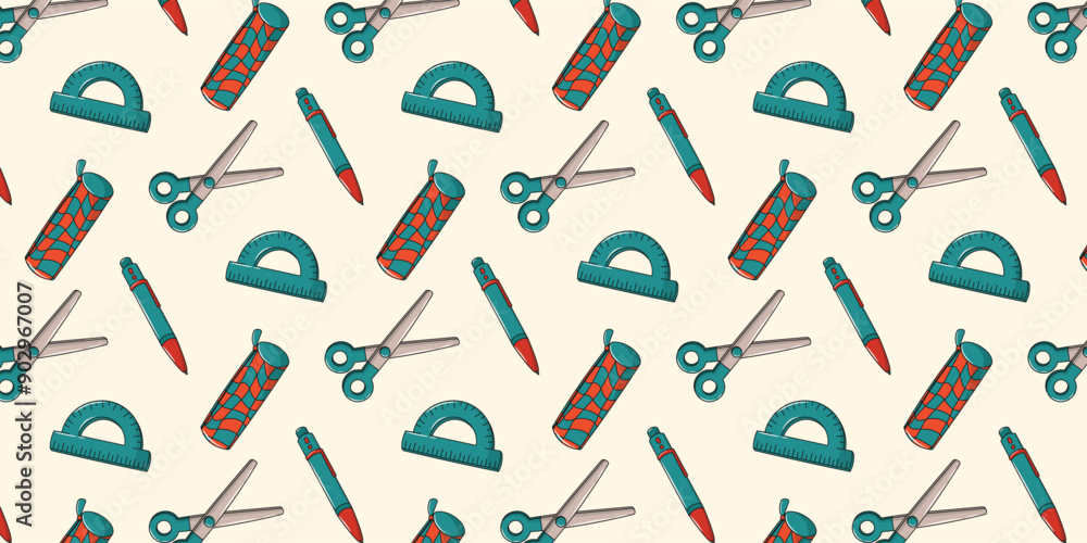 Back to school seamless pattern with stationery. Background or pattern with vector educational elements. Transporter, pencil case, pen, scissors in a blue color palette. Back to school seamless pattern with stationery. Background or pattern with vector educational elements. Transporter, pencil case, pen, scissors in a blue color palette.