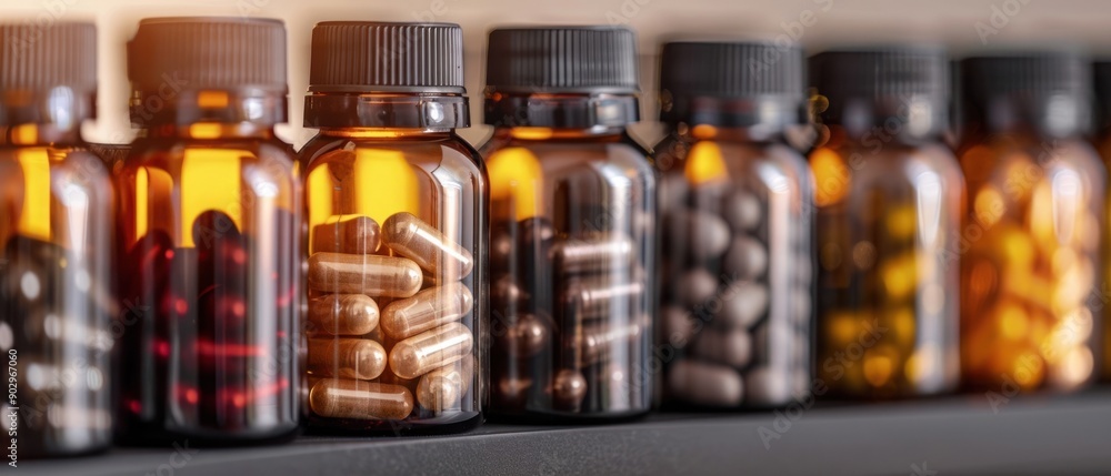 A row of medicine bottles, each filled with various colored pills and capsules, arranged on a shelf in a pharmacy or laboratory. A row of medicine bottles, each filled with various colored pills and capsules, arranged on a shelf in a pharmacy or laboratory.