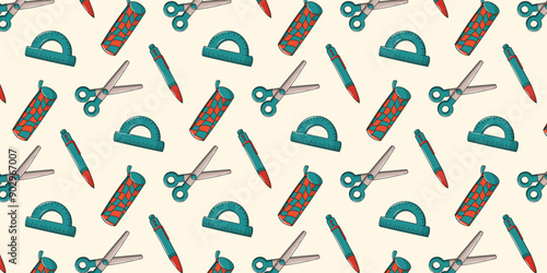 Back to school seamless pattern with stationery. Background or pattern with vector educational elements. Transporter, pencil case, pen, scissors in a blue color palette.
