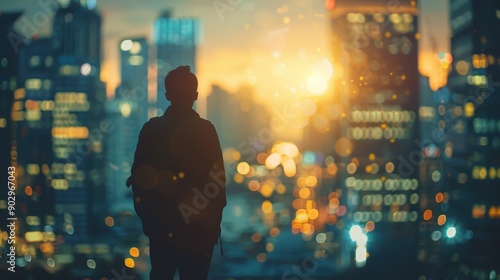 A man is standing in the city at sunset. The city is lit up with lights and the sun is setting in the background. The man is wearing a suit and tie, giving off a professional and serious vibe