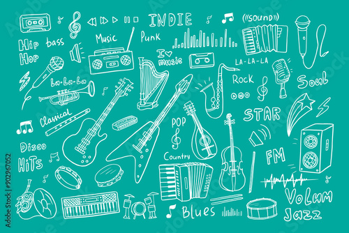 Big set of music instruments. Violin, harp, banjo, guitar electric, saxophon, flute, drum, accordion, xylophone, harmonica, tambourine, cymbals, synthesizer, record player, microphone. Hand drawn