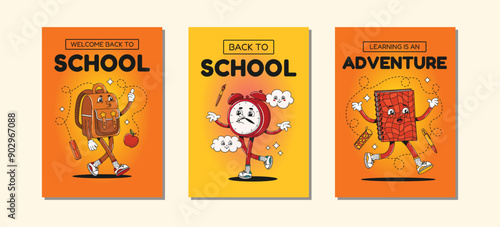 Back to school poster collection. Set of funny educational posters or banners with groovy retro stationery characters or mascots and gradient backgrounds. Posters for school, college, notebook.