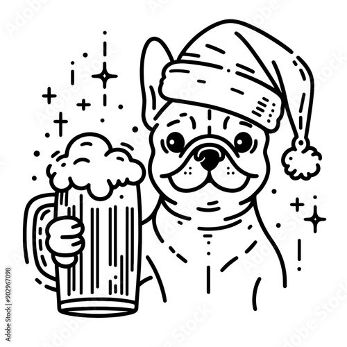  French Bulldog wearing a santa hat hold a glass of beer mug wear santa claus hat tangled wrap around with Christmas lights in christmas party  vector svg clipart 