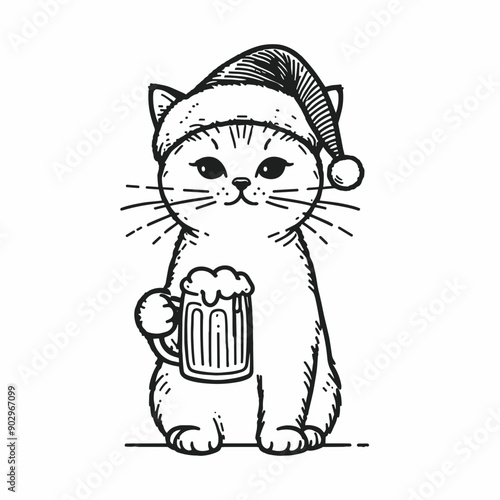  Domestic Shorthair Cat wearing a santa hat hold a glass of beer mug wear santa claus hat tangled wrap around with Christmas lights in christmas party  vector svg clipart 