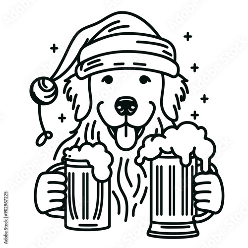  Golden Retriever Dog wearing a santa hat hold a glass of beer mug wear santa claus hat tangled wrap around with Christmas lights in christmas party  vector svg clipart 