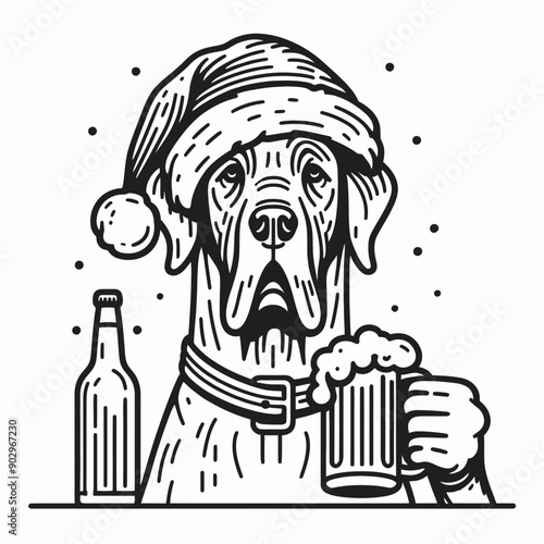  Grwith Dane Dog wearing a santa hat  hold a glass of beer mug wear santa claus hat tangled wrap around with Christmas lights in christmas party  vector svg clipart  photo