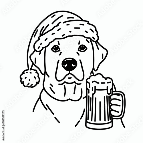  Labrador Retriever Dog wearing a santa hat  hold a beer glass wear santa claus hat tangled wrap around with Christmas lights in christmas party  vector svg clipart 
