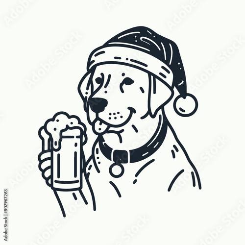  Labrador Retriever Dog wearing a santa hat  hold a beer glass wear santa claus hat tangled wrap around with Christmas lights in christmas party   vector svg clipart