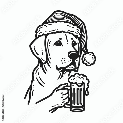  Labrador Retriever Dog wearing a santa hat  hold a beer glass wear santa claus hat tangled wrap around with Christmas lights in christmas party   vector svg clipart