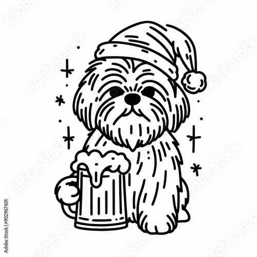  Shih Tzu Dog wearing a santa hat  hold a glass of beer mug wear santa claus hat tangled wrap around with Christmas lights in christmas party  vector svg clipart 