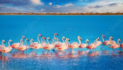 flock of birds pink flamingo walking on the blue salt lake of Cyprus in the city of Larnaca in winter photo