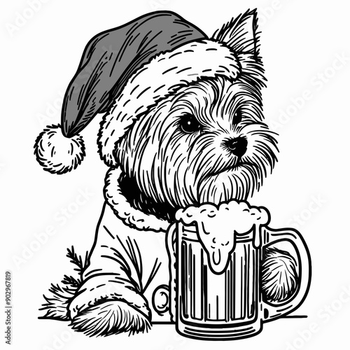  Yorkshire Terrier Dog wearing a santa hat  hold a glass of beer mug wear santa claus hat tangled wrap around with Christmas lights in christmas party vector svg clipart  