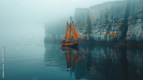 Wallpaper Mural Sailboat on calm water in a foggy coastal environment Torontodigital.ca